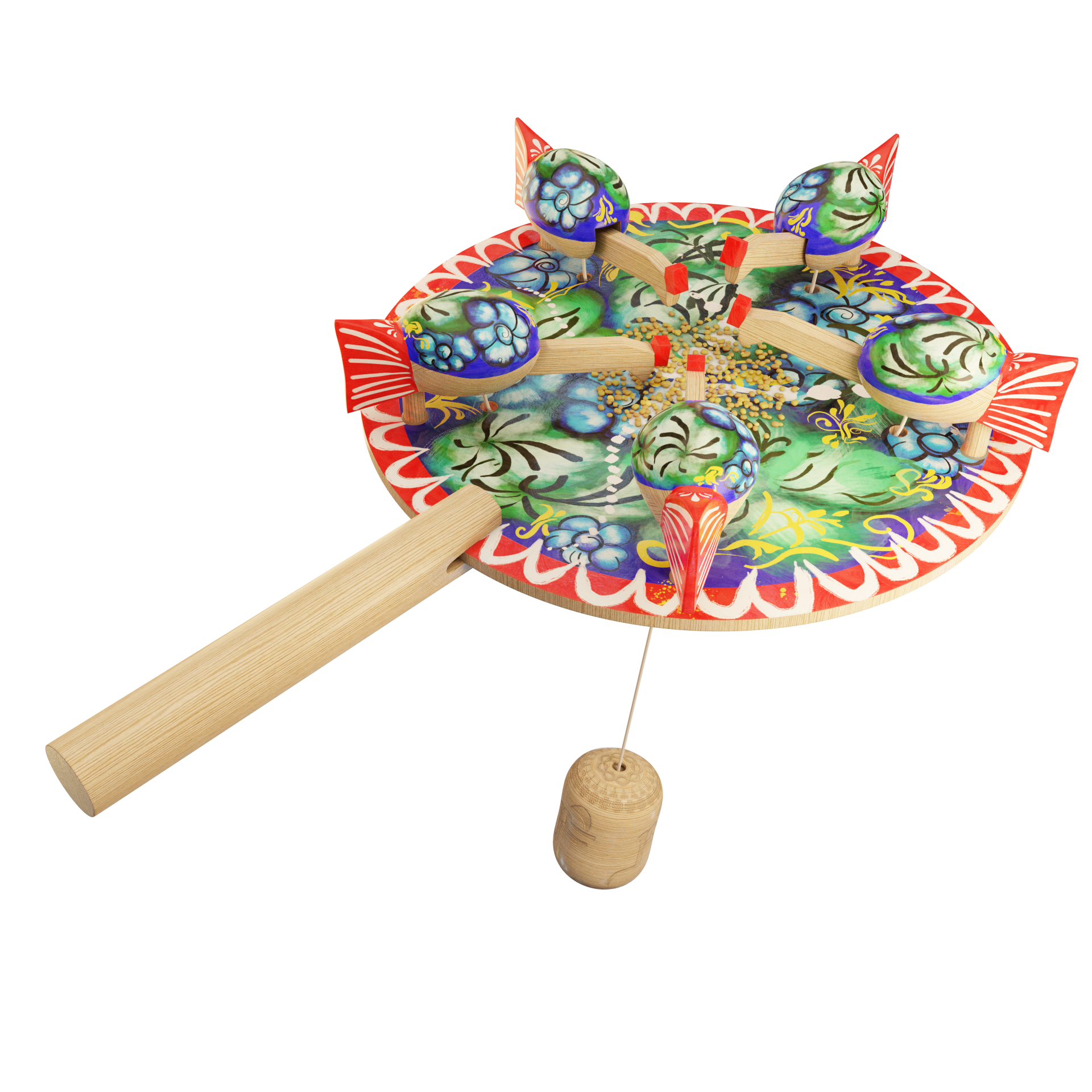 Marketing Visual 3 Juguete artesanal de Kotor (Montenegro) en 3D: Encantador Handcrafted Wooden Moving Toy. Una imagen que muestra todo el juguete, resaltando su belleza artesanal y sus colores vibrantes.