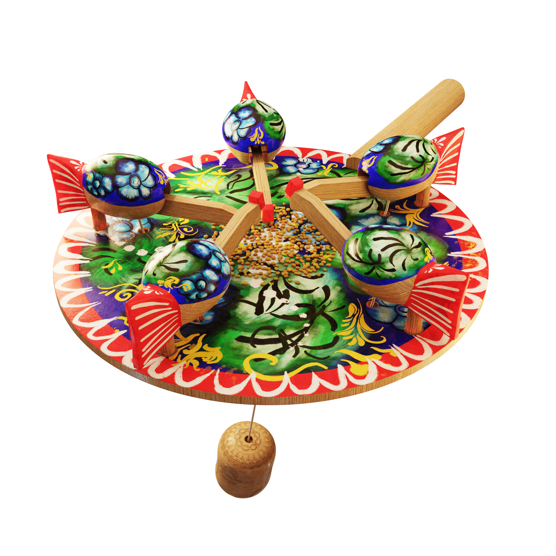 Marketing visual de un juguete artesanal de Kotor (Montenegro) en 3D: Encantador Handcrafted Wooden Moving Toy. Una recreación en 3D de un juguete tradicional de Kotor que refleja la artesanía y la tradición colorida de la región.