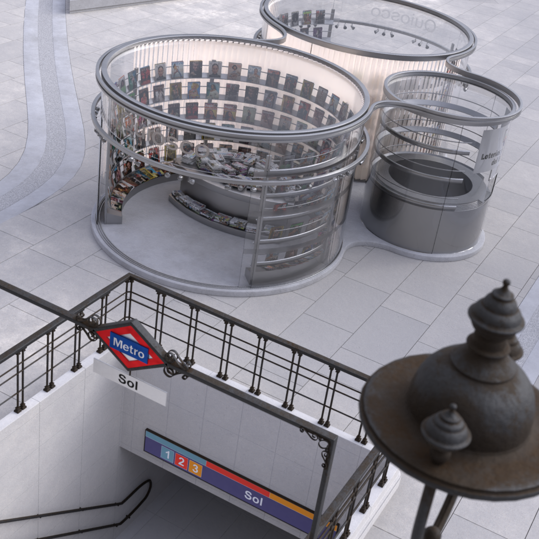 Nouvelle Place de la Puerta del Sol à Madrid : Un voyage virtuel vers le futur 3 Imagen interior de un kiosko moderno junto a la entrada del Metro Sol en la Nueva Plaza de la Puerta del Sol de Madrid, mostrando una perspectiva aberrante.